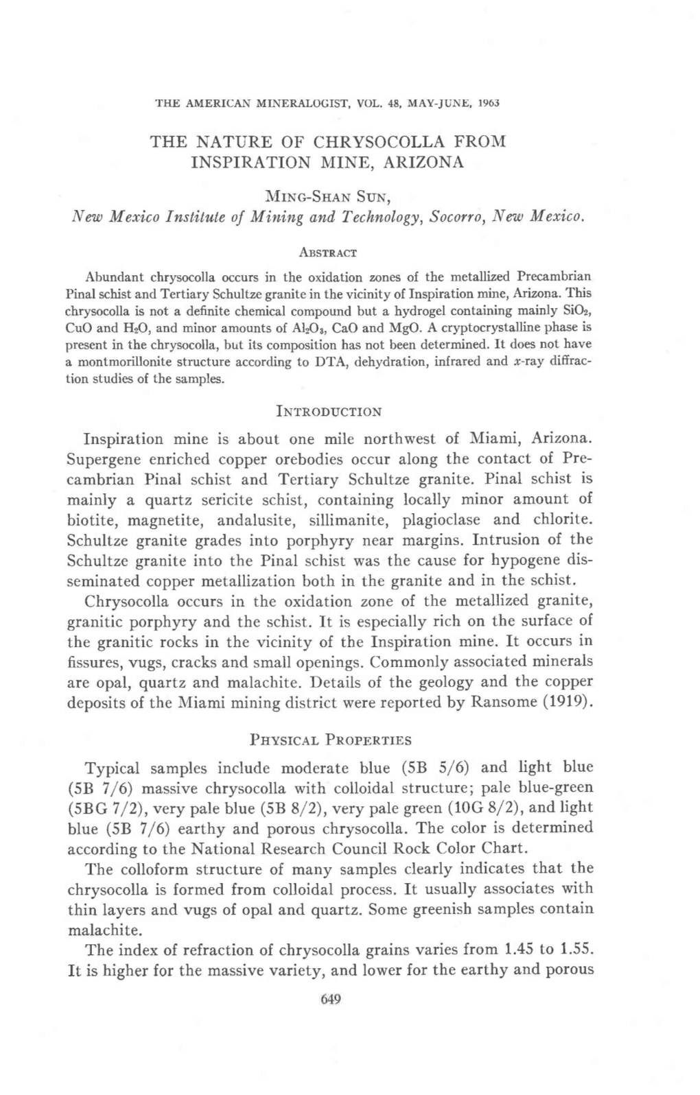 THE NATURE of CHRYSOCOLLA from INSPIRATION MINE, ARIZONA Mrnc-Suen Sun, New Mexico Institute of Mining And, Technology, Socorro
