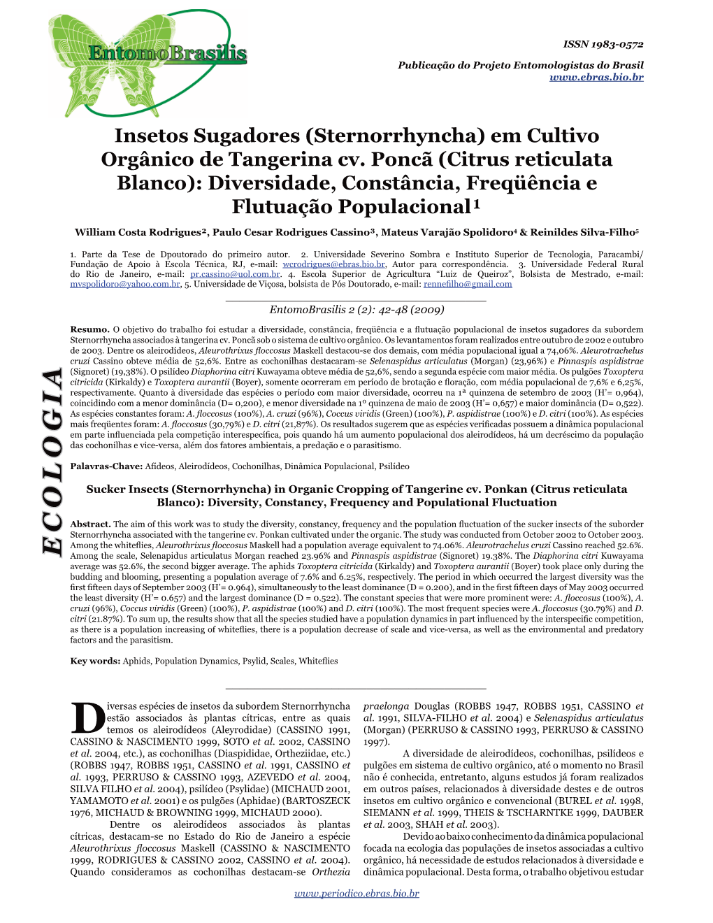 Insetos Sugadores (Sternorrhyncha) Em Cultivo Orgânico De Tangerina Cv