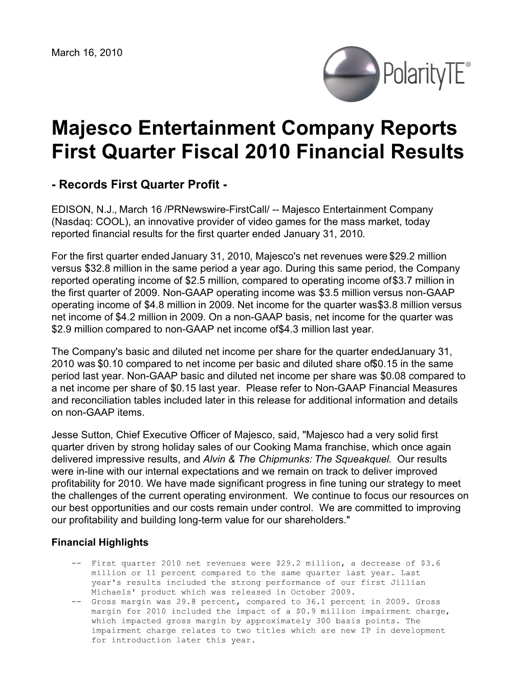 Majesco Entertainment Company Reports First Quarter Fiscal 2010 Financial Results