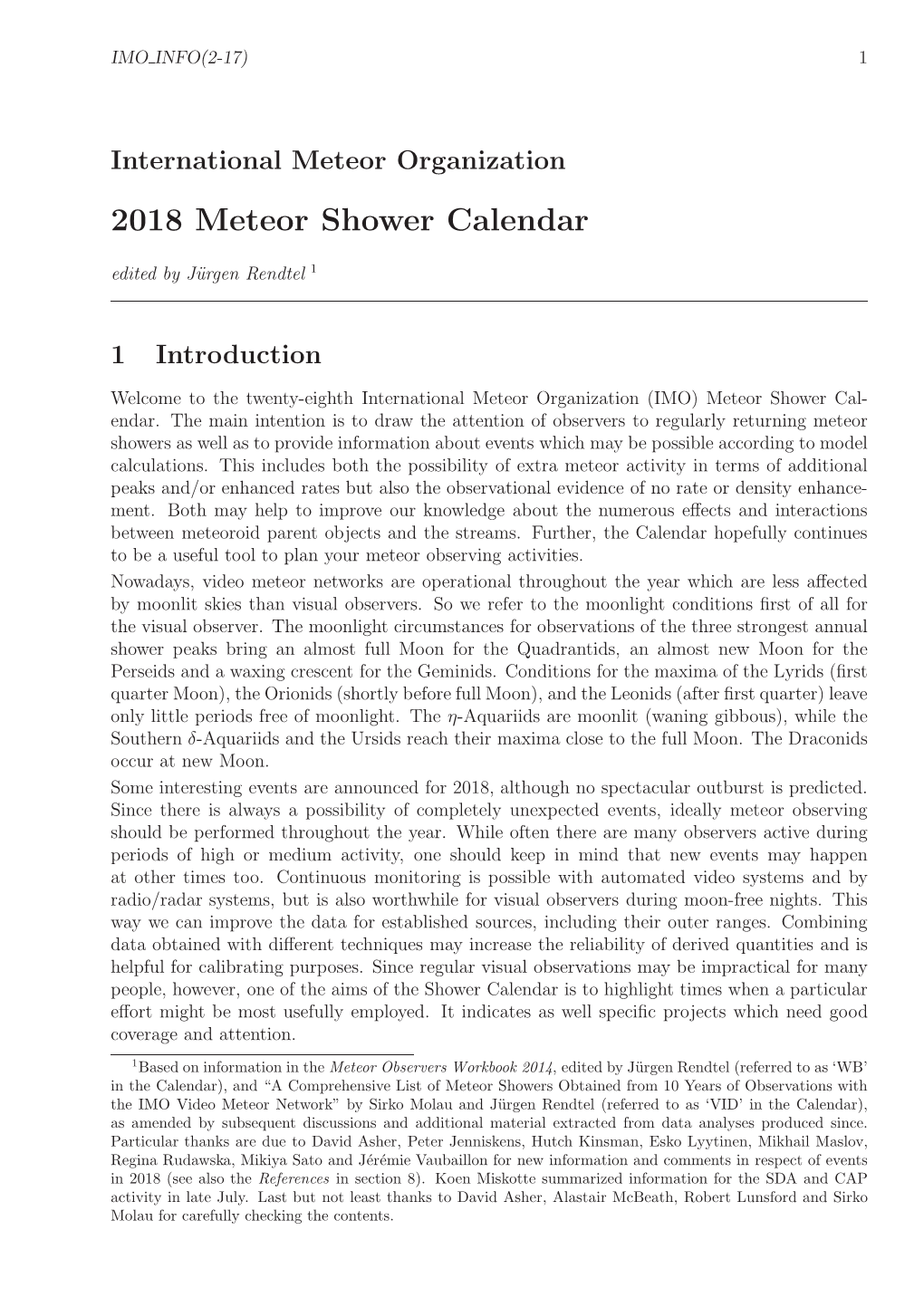 2018 Meteor Shower Calendar Edited by J¨Urgen Rendtel 1