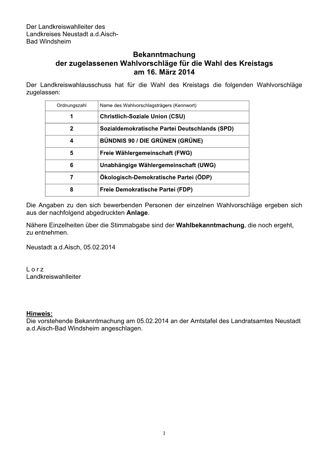 Der Landkreiswahlleiter Des Landkreises Neustadt A.D.Aisch- Bad Windsheim