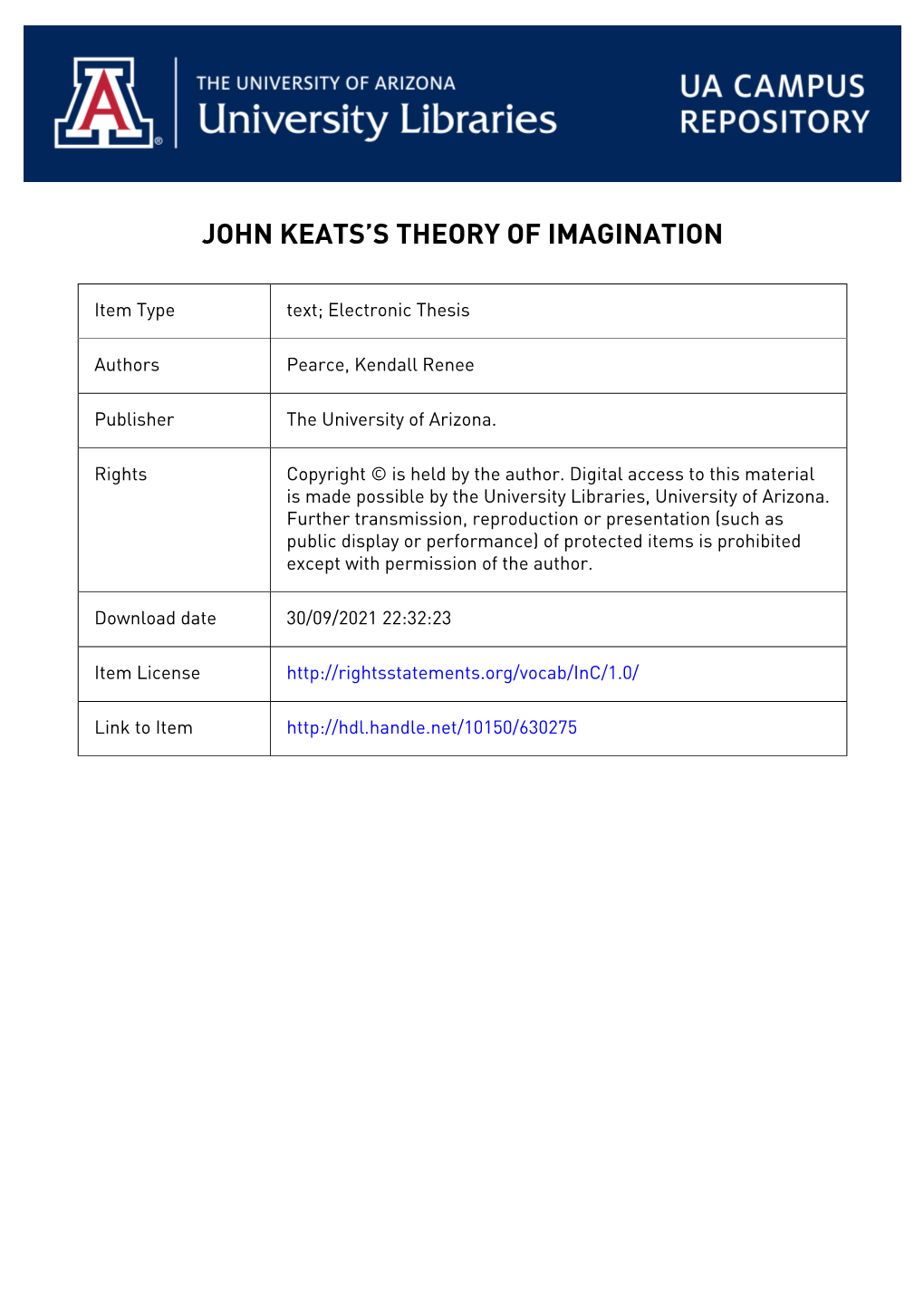 JOHN KEATS's THEORY of IMAGINATION by KENDALL