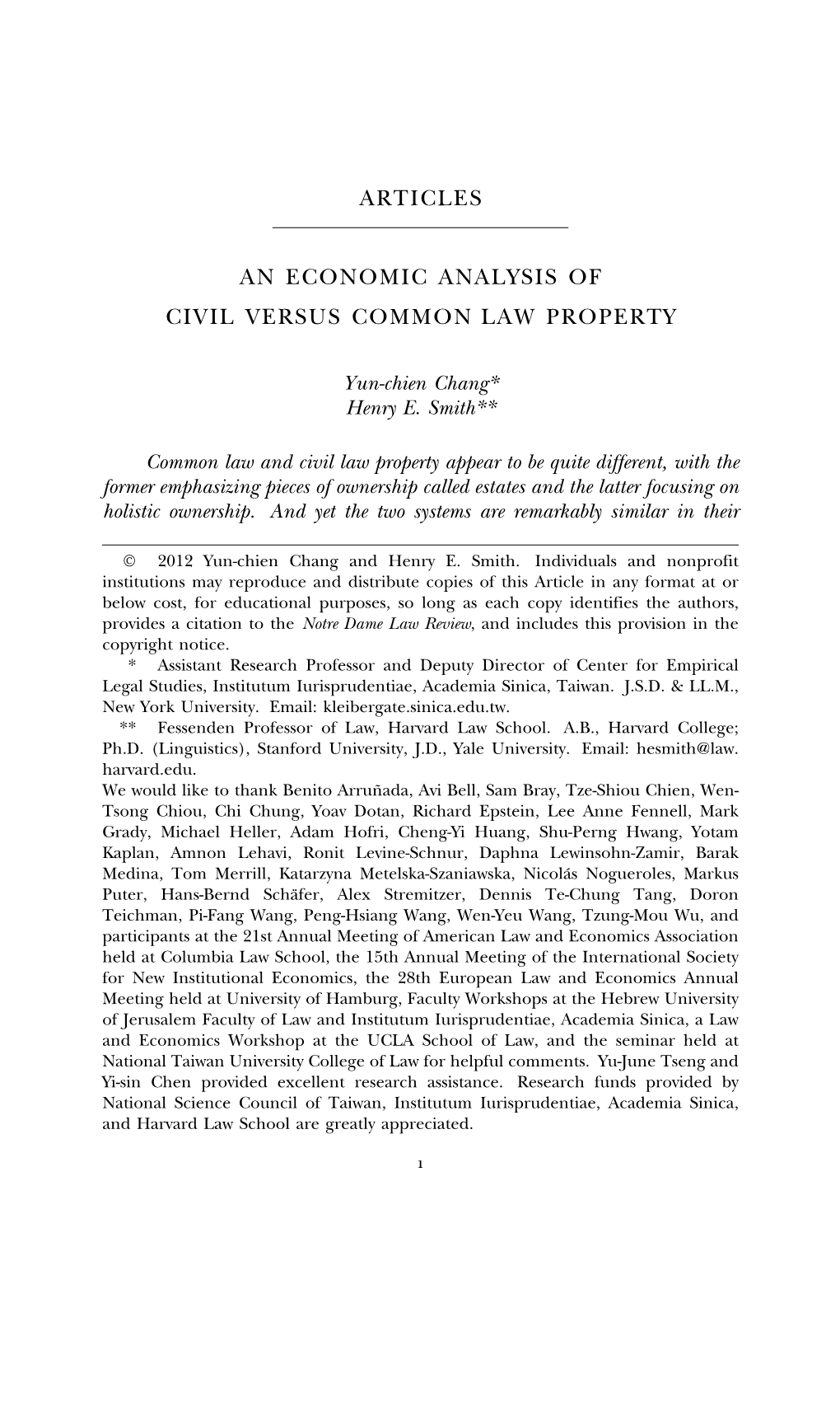 Articles an Economic Analysis of Civil Versus Common Law Property