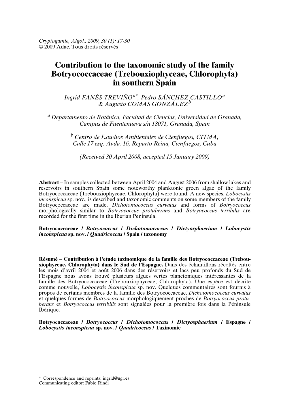 Contribution to the Taxonomic Study of the Family Botryococcaceae (Trebouxiophyceae,Chlorophyta) in Southern Spain