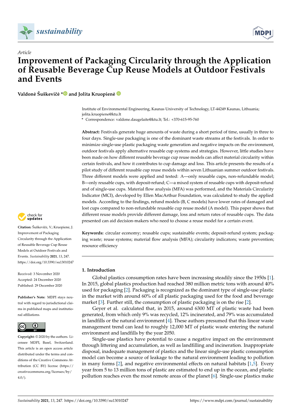 Improvement of Packaging Circularity Through the Application of Reusable Beverage Cup Reuse Models at Outdoor Festivals and Events
