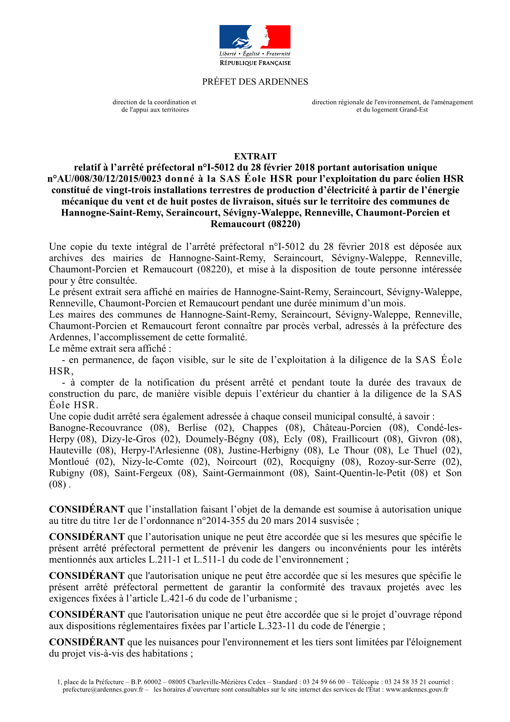 Relatif À L'arrêté Préfectoral N°I-5012 Du 28