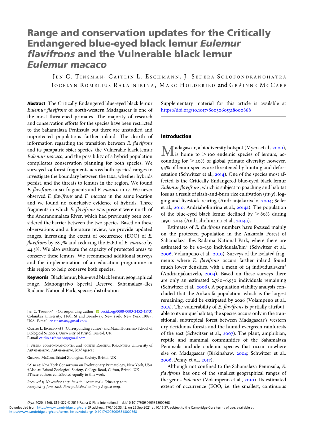 Range and Conservation Updates for the Critically Endangered Blue-Eyed Black Lemur Eulemur Flavifrons and the Vulnerable Black Lemur Eulemur Macaco