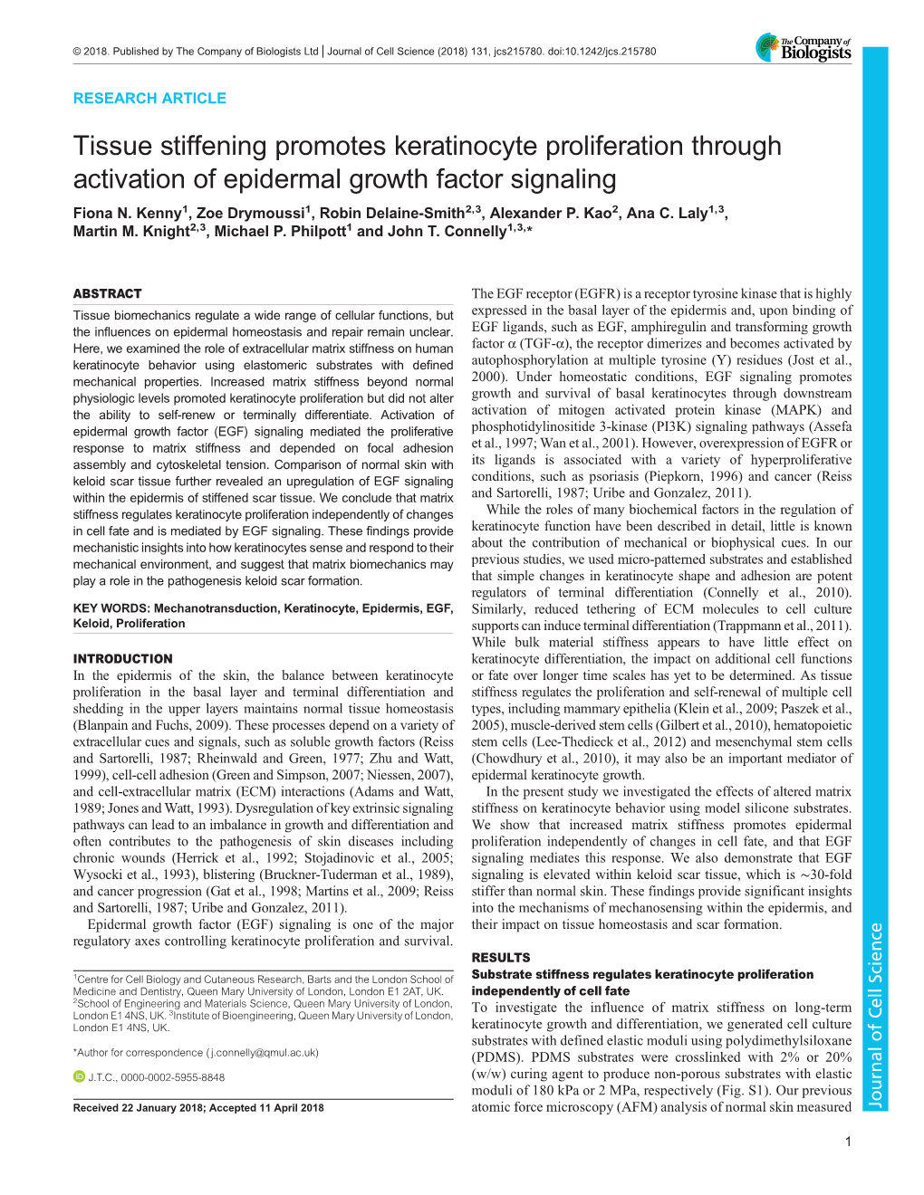 Tissue Stiffening Promotes Keratinocyte Proliferation Through Activation of Epidermal Growth Factor Signaling Fiona N