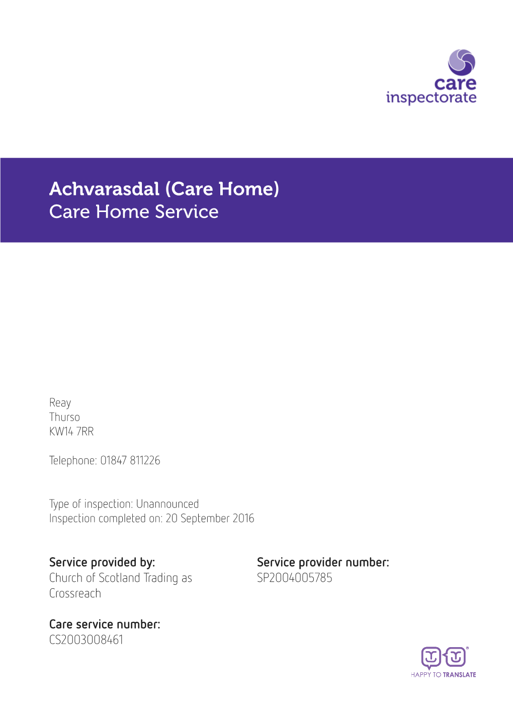 Achvarasdal (Care Home) Care Home Service