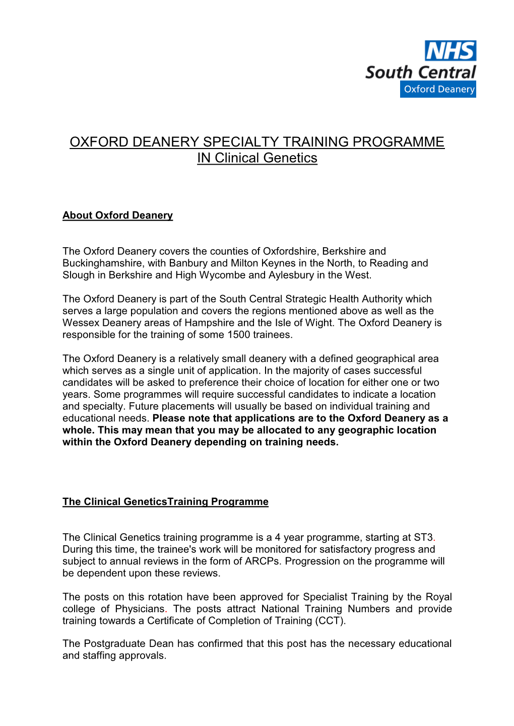 OXFORD DEANERY SPECIALTY TRAINING PROGRAMME in Clinical Genetics