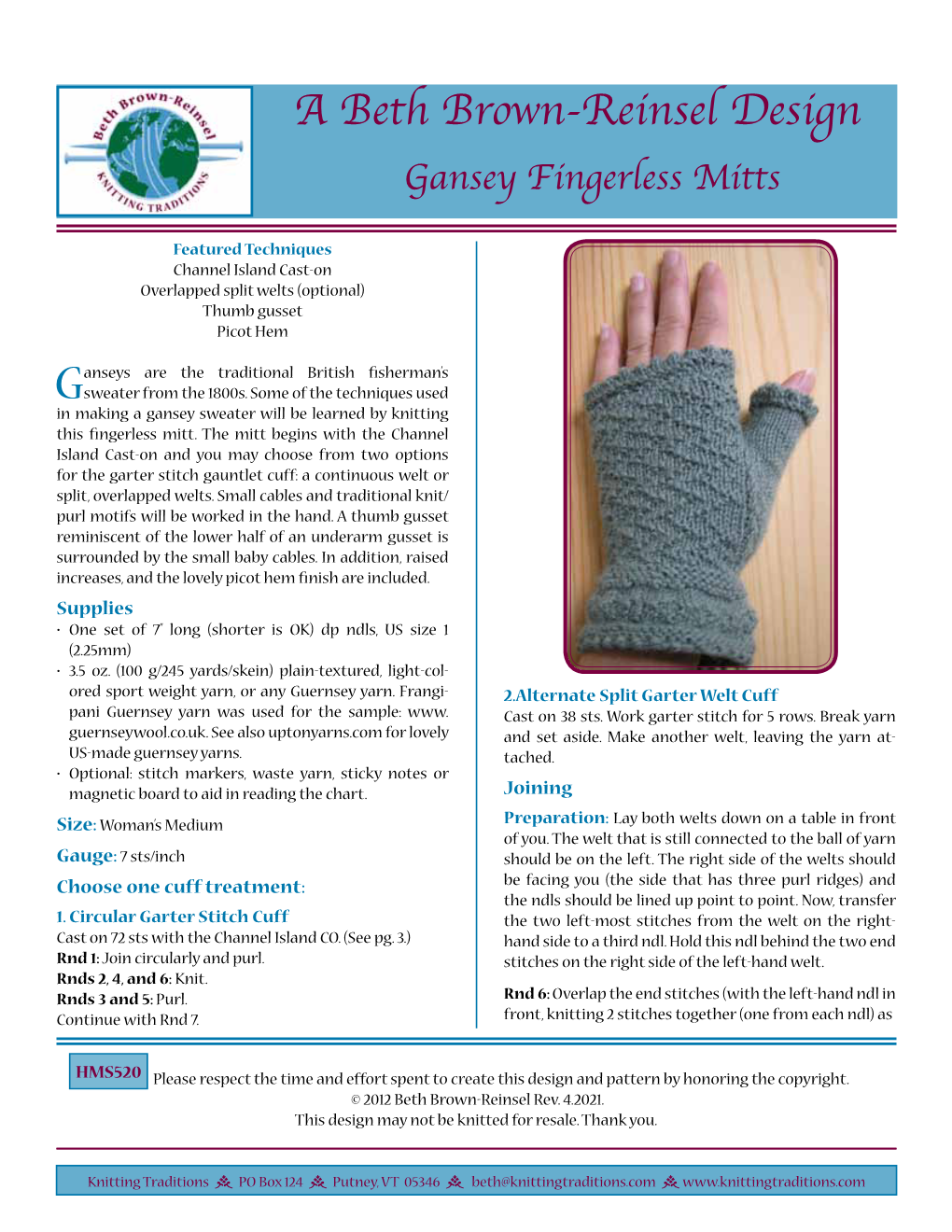 A Beth Brown-Reinsel Design Gansey Fingerless Mitts