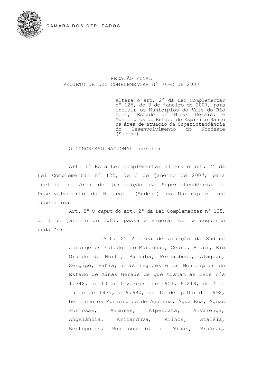 Redação Final Projeto De Lei Complementar Nº 76-D De 2007