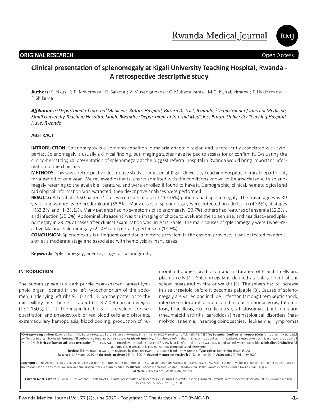 Clinical Presentation of Splenomegaly at Kigali University Teaching Hospital, Rwanda - a Retrospective Descriptive Study