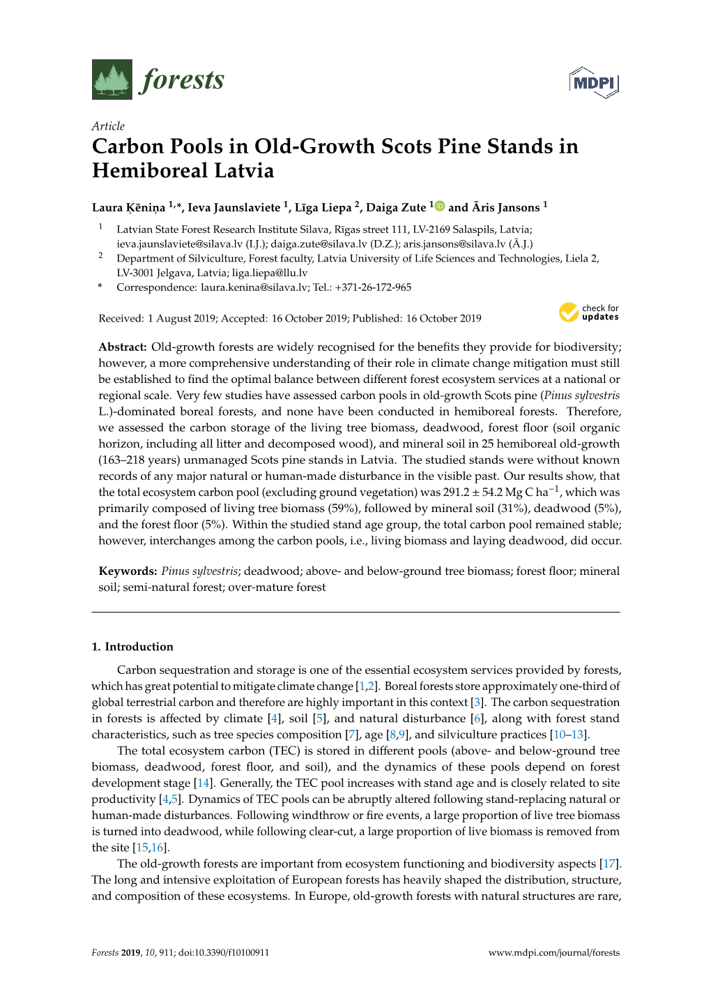 Carbon Pools in Old-Growth Scots Pine Stands in Hemiboreal Latvia