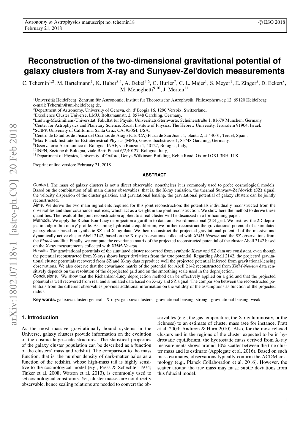 Reconstruction of the Two-Dimensional Gravitational Potential of Galaxy Clusters from X-Ray and Sunyaev-Zel’Dovich Measurements C