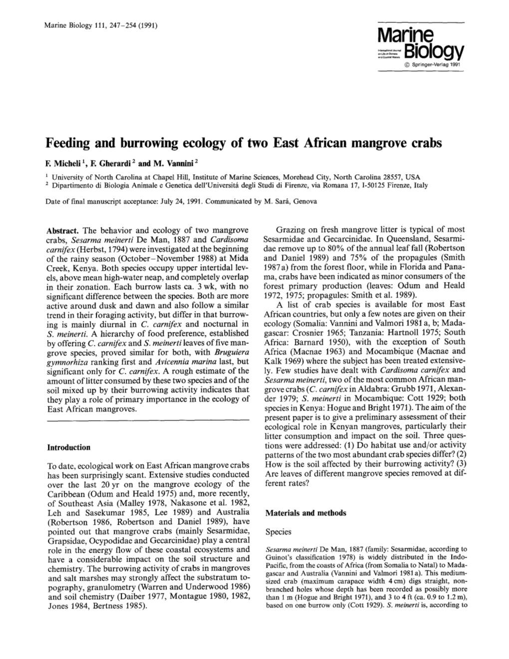 Feeding and Burrowing Ecology of Two East African Mangrove Crabs