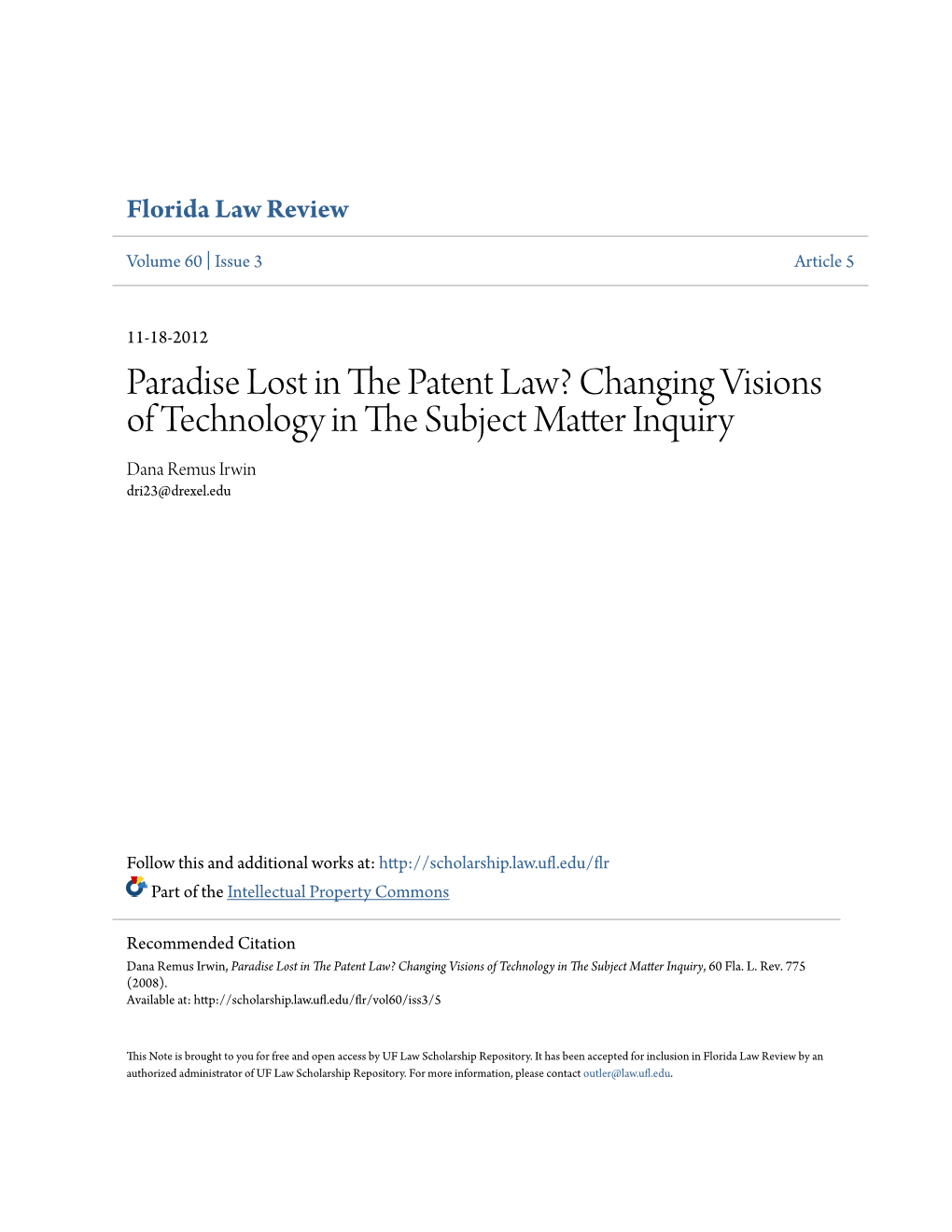 Paradise Lost in the Patent Law? Changing Visions of Technology in the Subject Matter Inquiry, 60 Fla