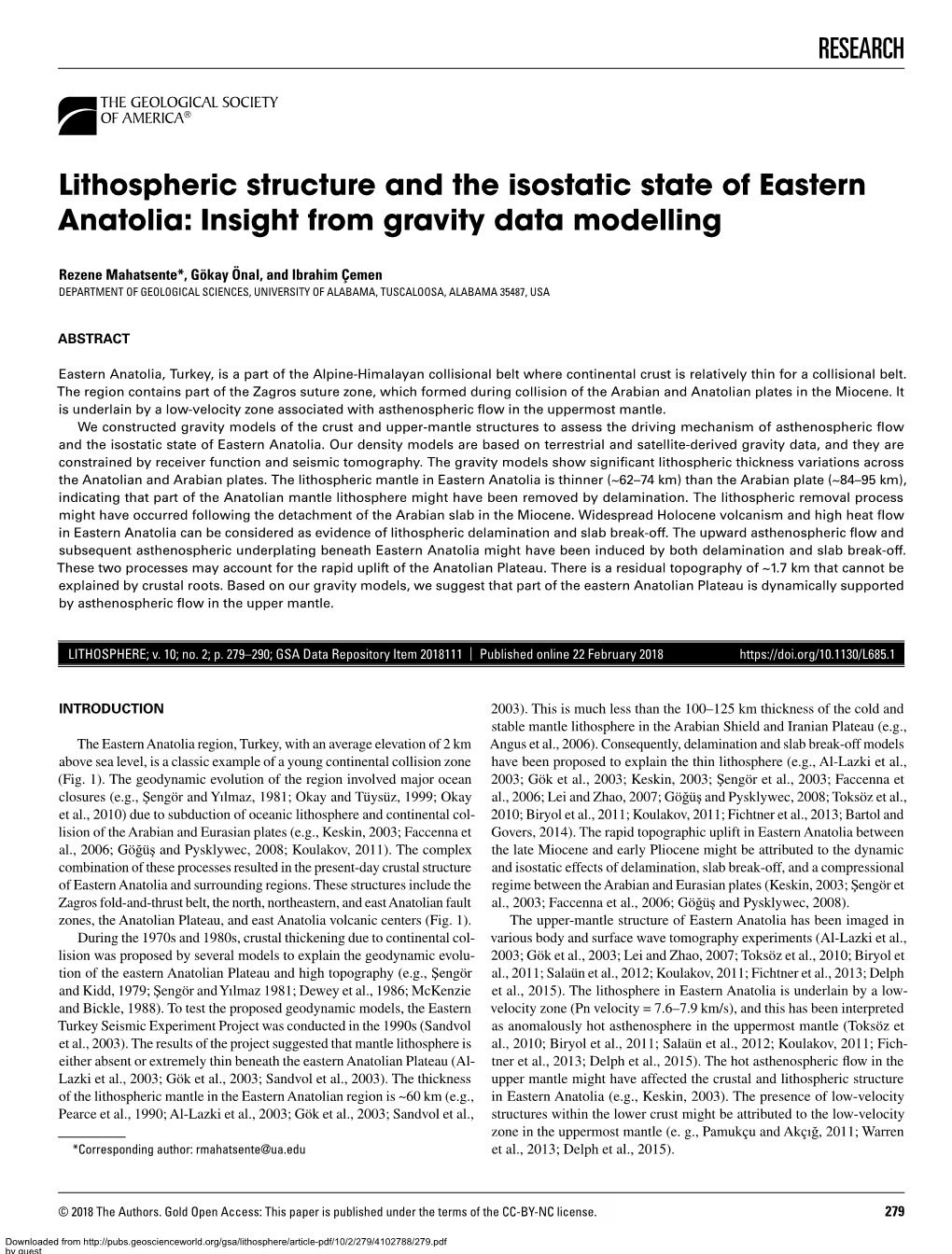 RESEARCH Lithospheric Structure and the Isostatic State of Eastern