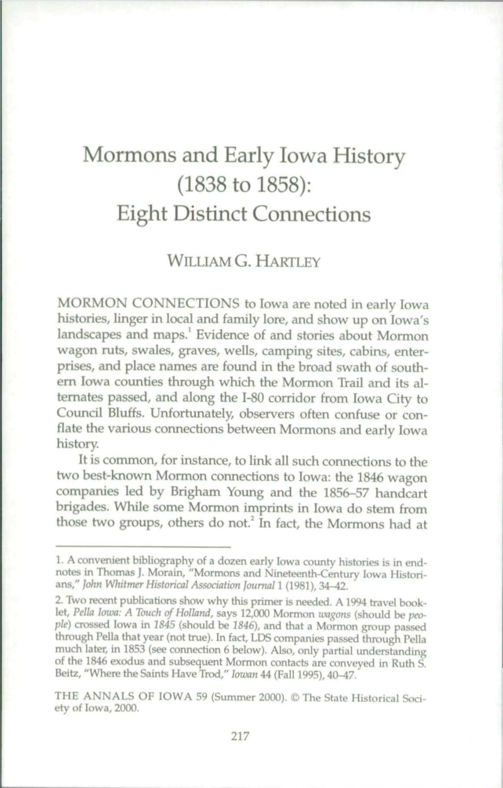 Mormons and Early Iowa History (1838 to 1858): Eight Distinct Connections