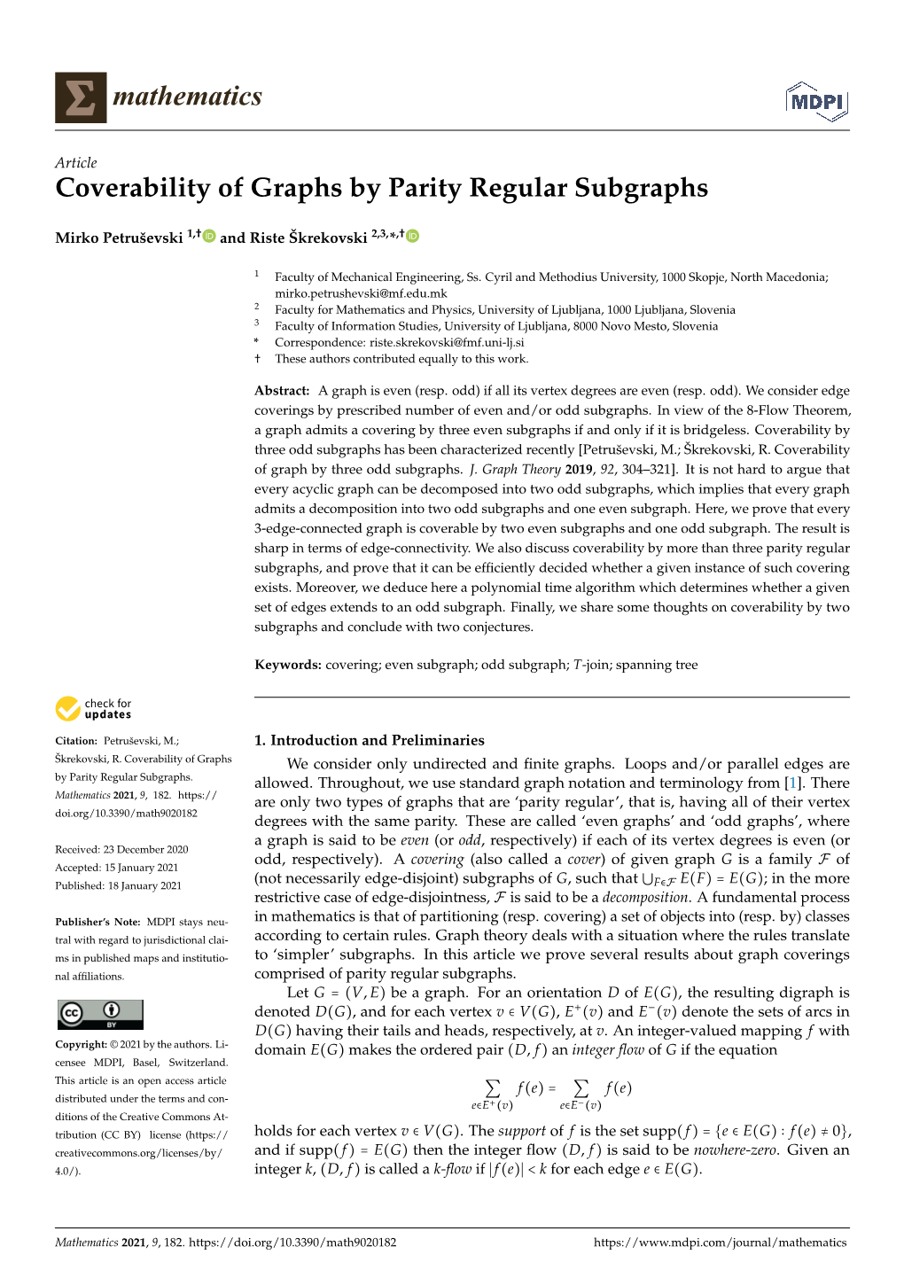 Coverability of Graphs by Parity Regular Subgraphs