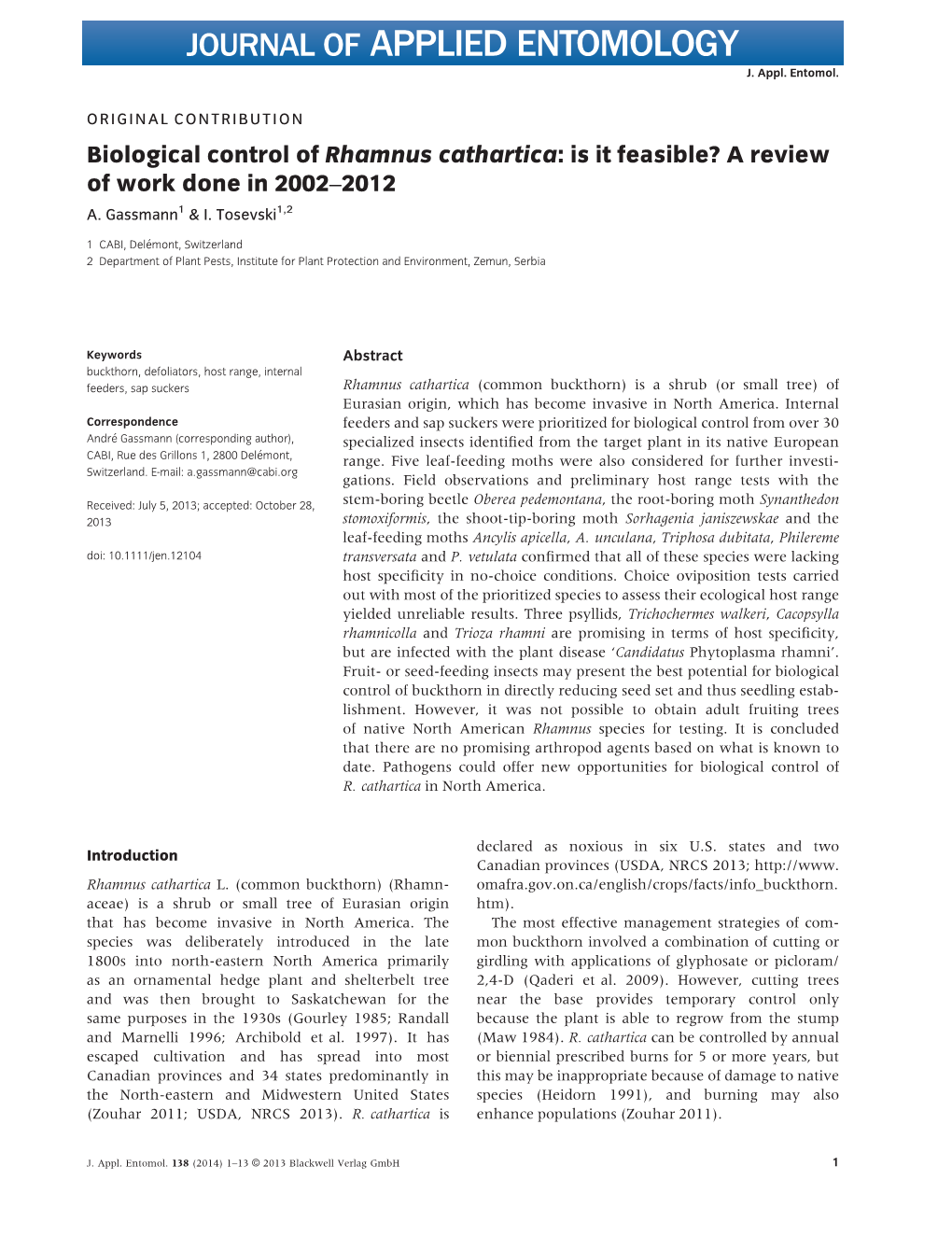 Biological Control of Rhamnus Cathartica: Is It Feasible? a Review of Work Done in 2002–2012 A