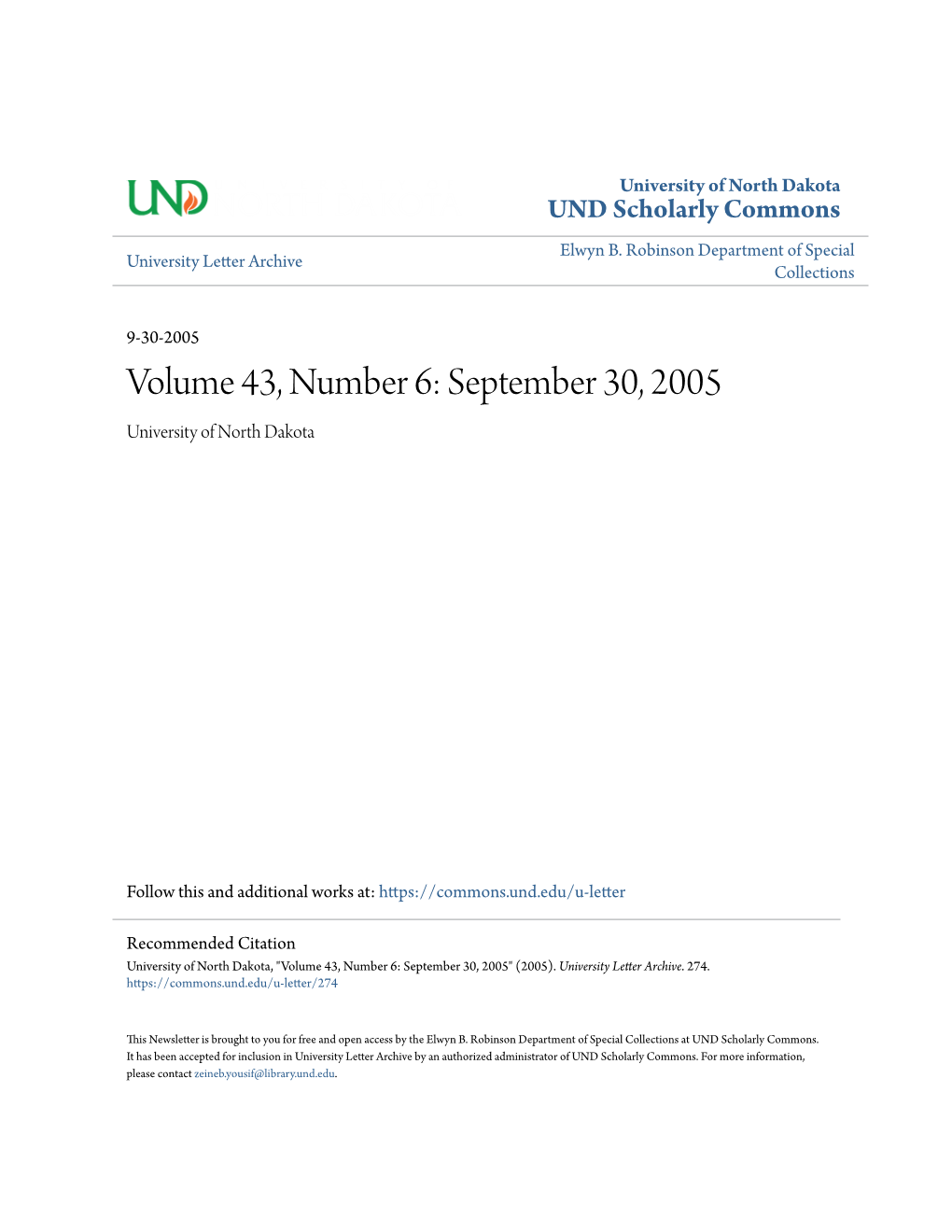 Volume 43, Number 6: September 30, 2005 University of North Dakota