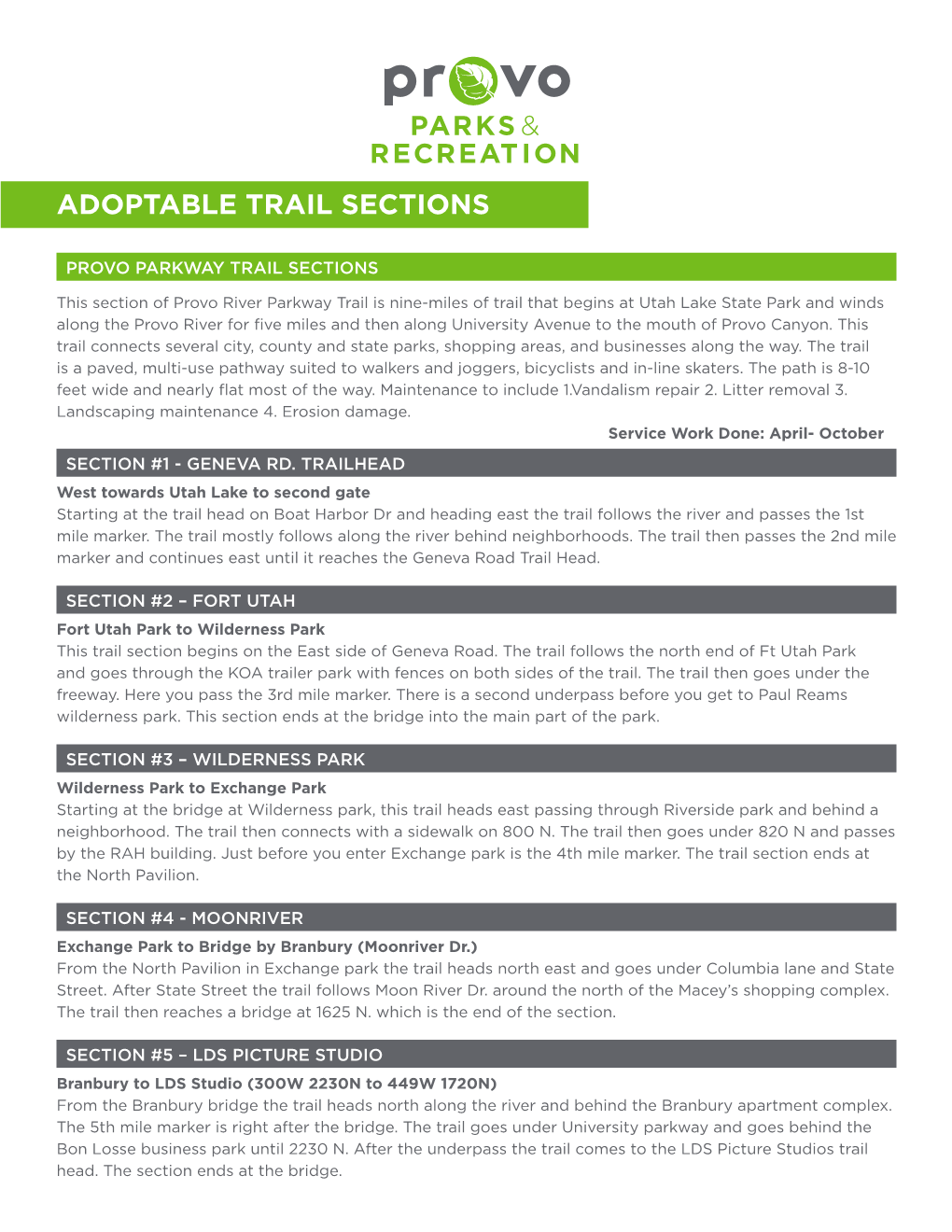 Provo River Parkway Trail Sections