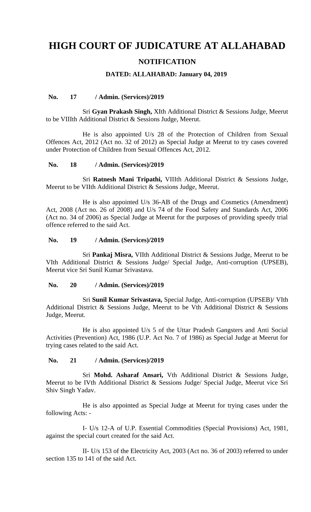 HIGH COURT of JUDICATURE at ALLAHABAD NOTIFICATION DATED: ALLAHABAD: January 04, 2019
