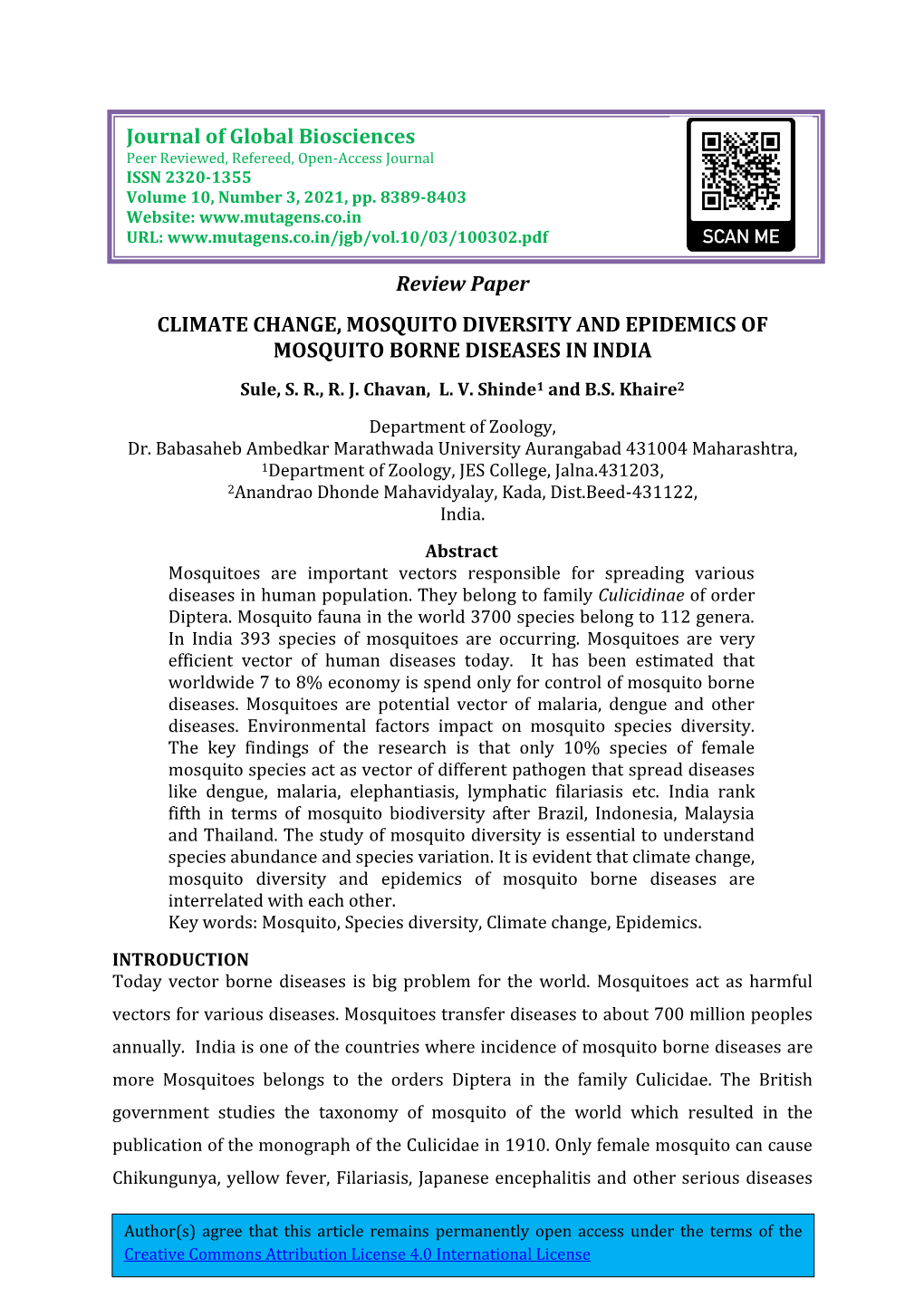 Review Paper CLIMATE CHANGE, MOSQUITO DIVERSITY and EPIDEMICS of MOSQUITO BORNE DISEASES in INDIA