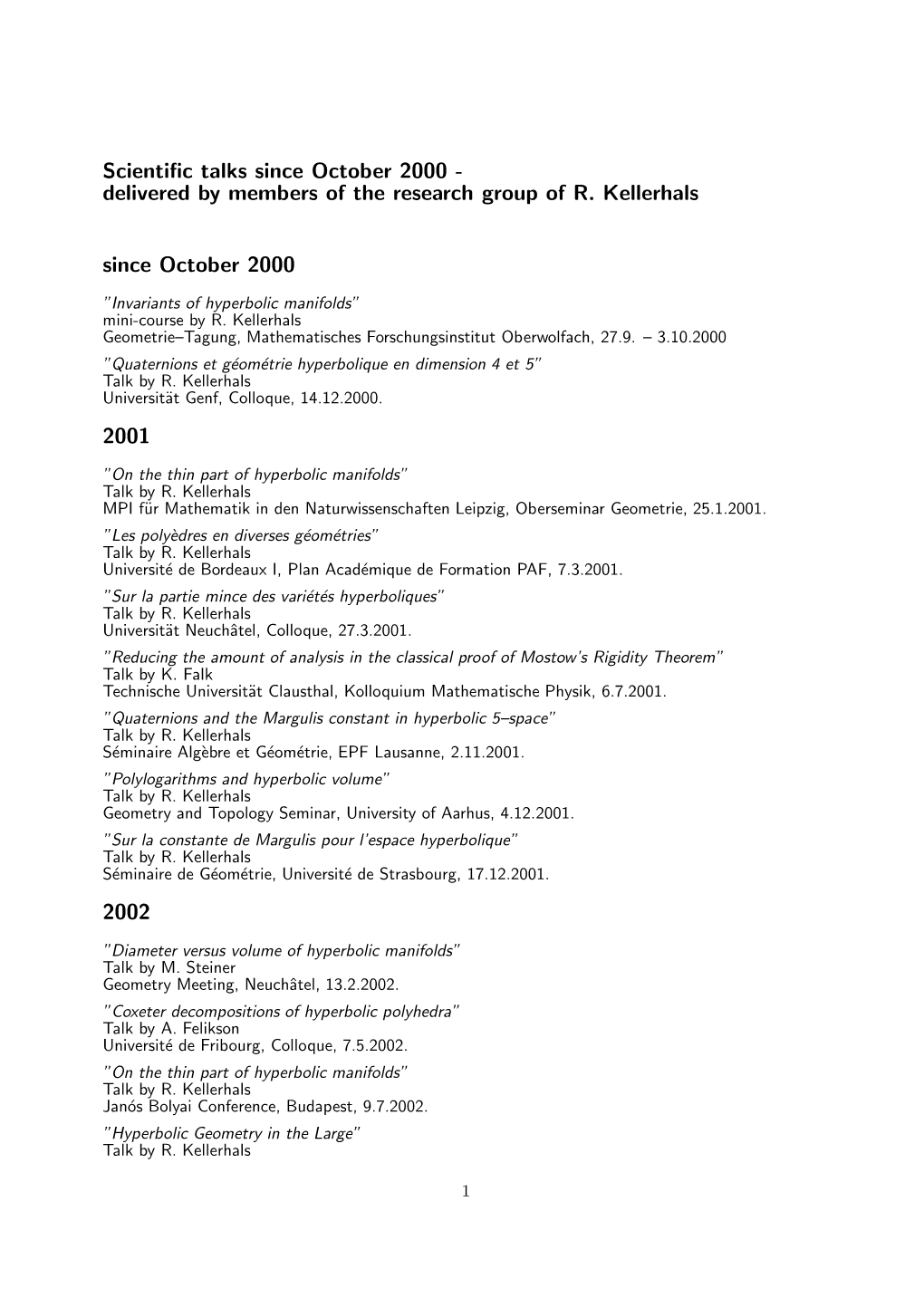 Scientific Talks Since October 2000