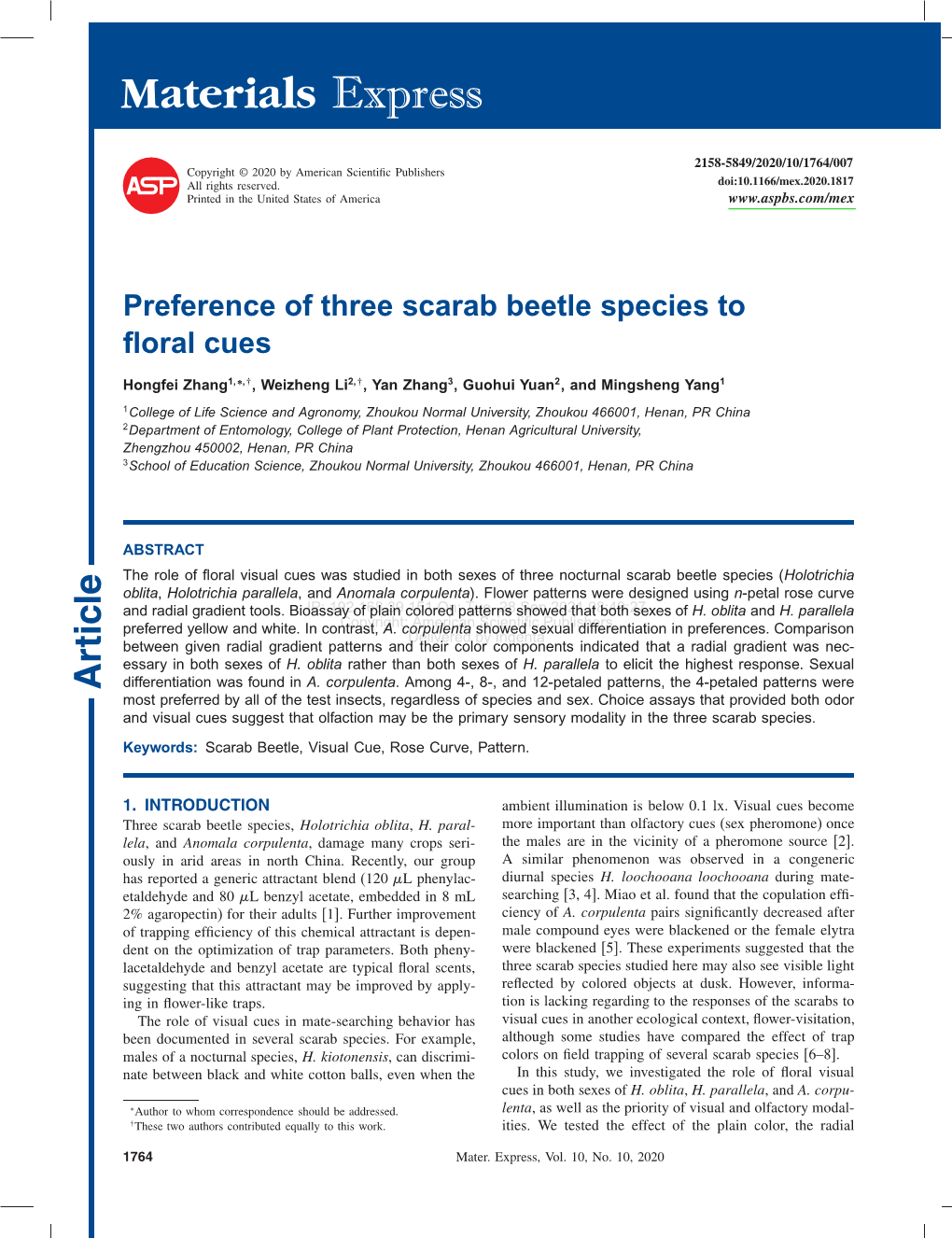 Preference of Three Scarab Beetle Species to Floral Cues