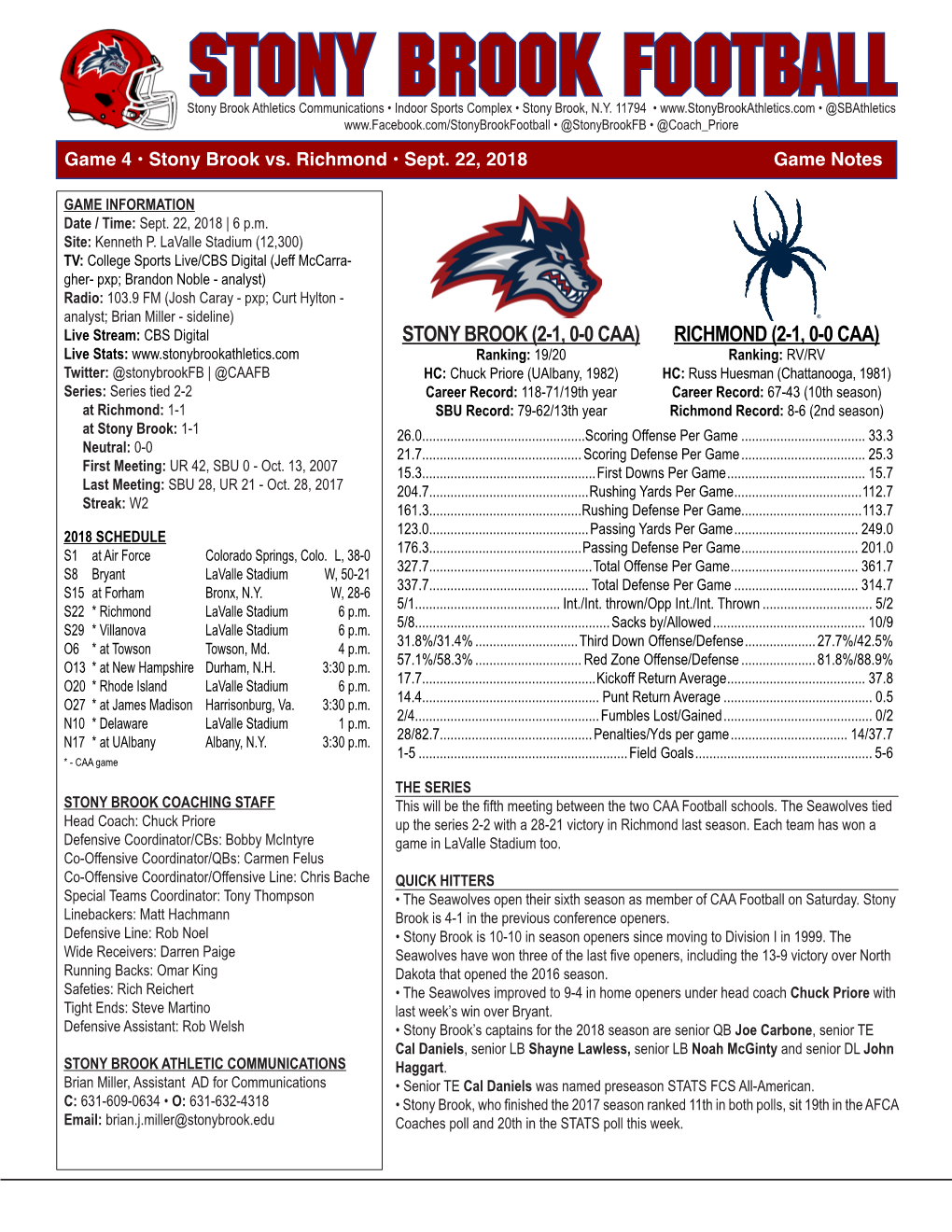 Stony Brook Football Weekly Media Planner