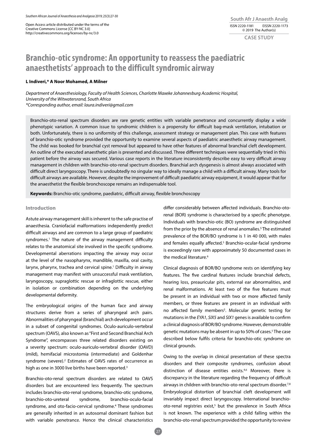 Branchio-Otic Syndrome: an Opportunity to Reassess the Paediatric Anaesthetists’ Approach to the Difficult Syndromic Airway