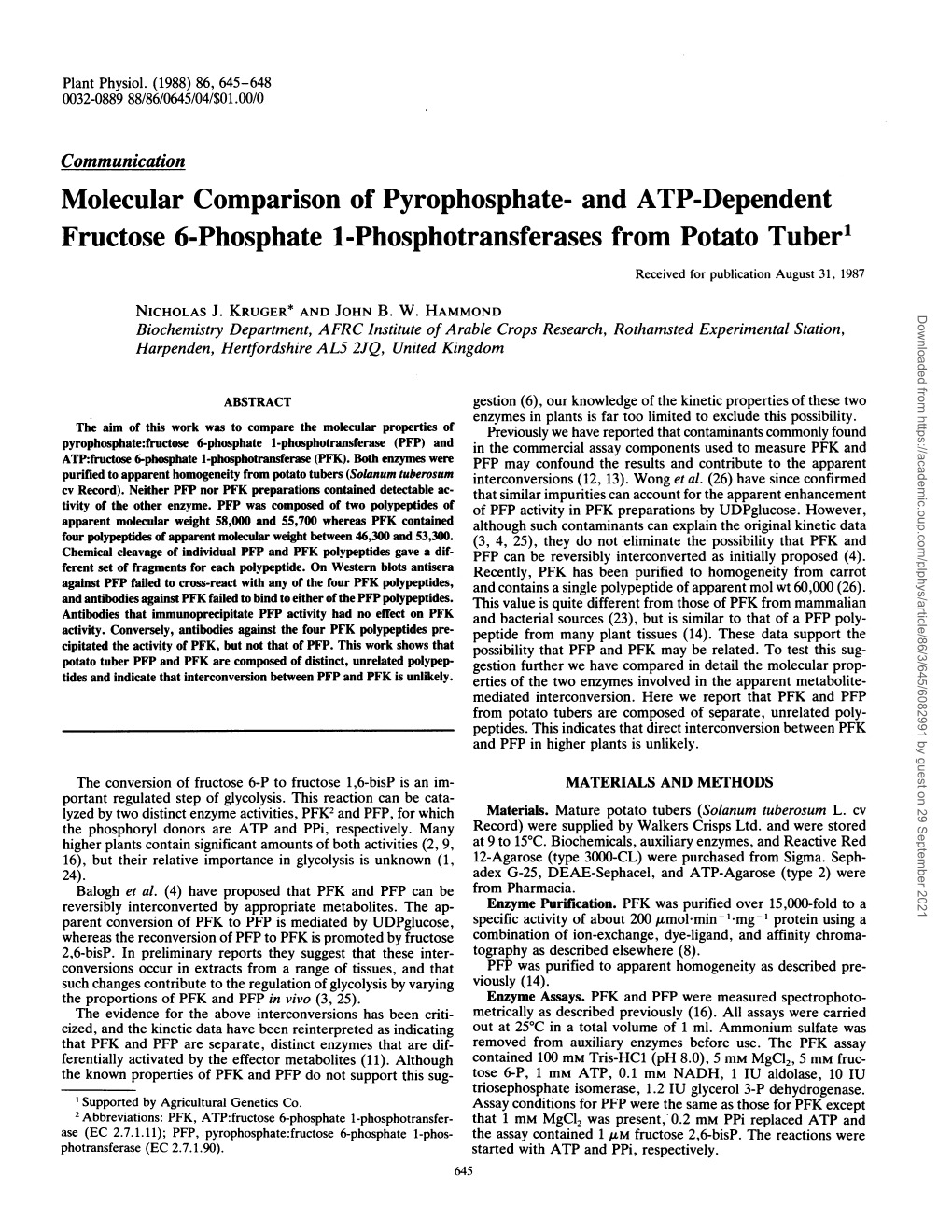 Fructose 6-Phosphate 1-Phosphotransferases from Potato Tuber' Received for Publication August 31, 1987