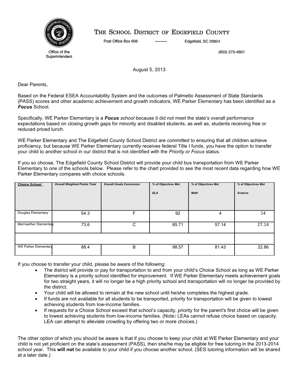 Based on the Federal ESEA Accountability System and the Outcomes of Palmetto Assessment