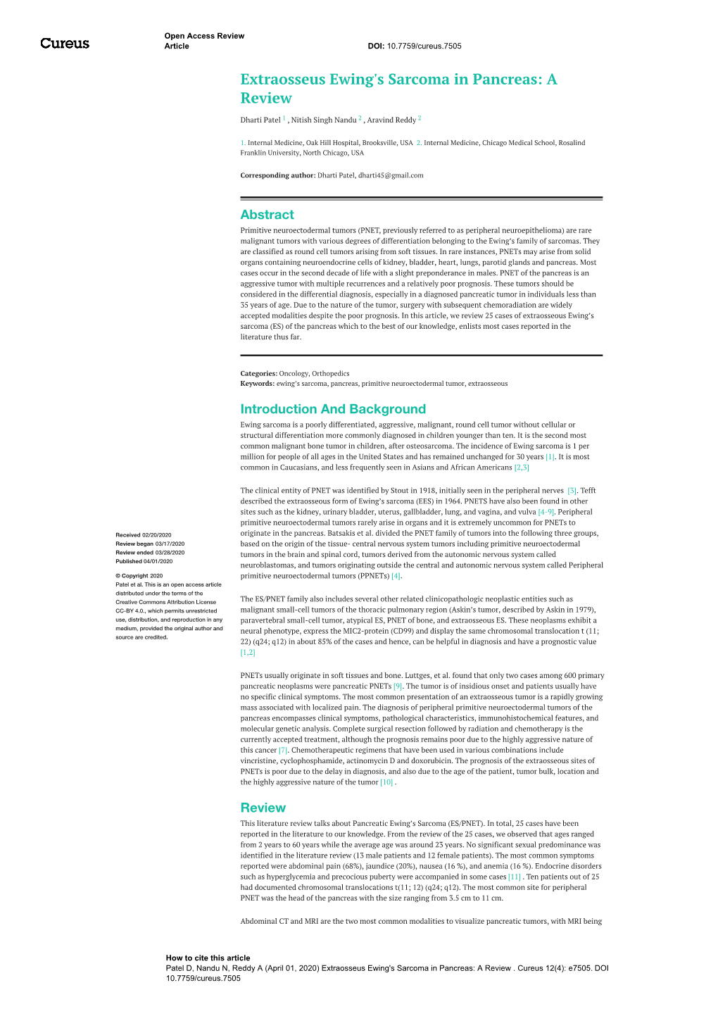 Extraosseus Ewing's Sarcoma in Pancreas: a Review