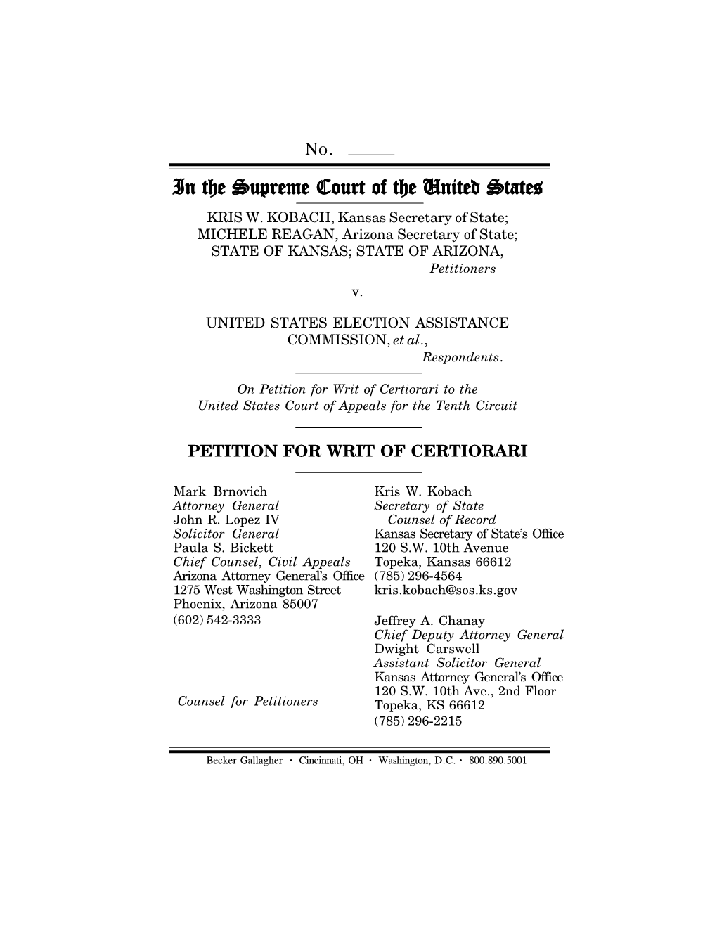 Petition for Writ of Certiorari from Kansas and Arizona