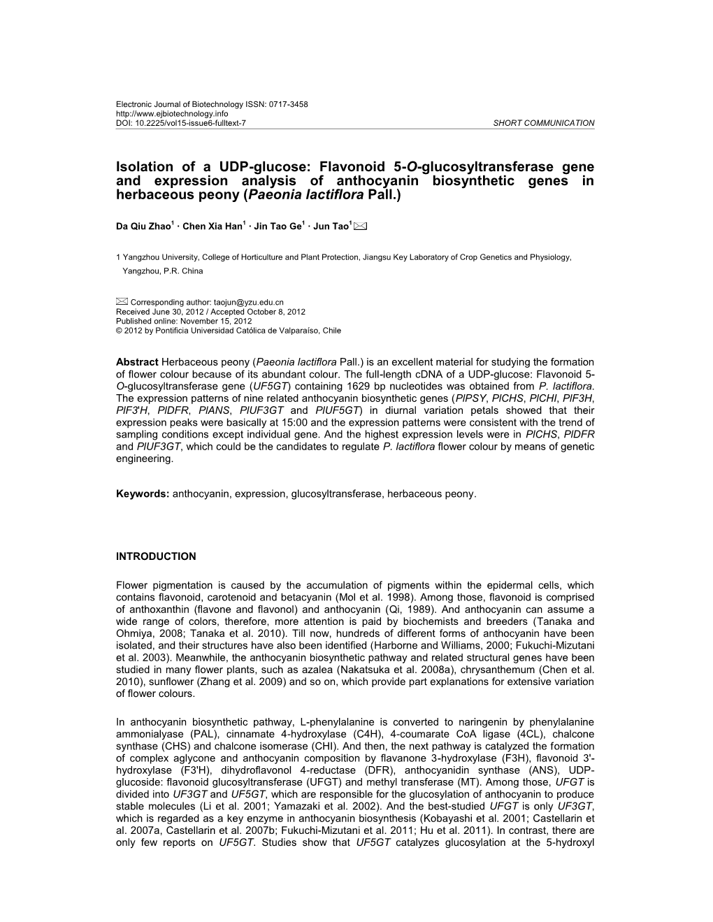 Flavonoid 5-O-Glucosyltransferase Gene and Expression Analysis of Anthocyanin Biosynthetic Genes in Herbaceous Peony (Paeonia Lactiflora Pall.)