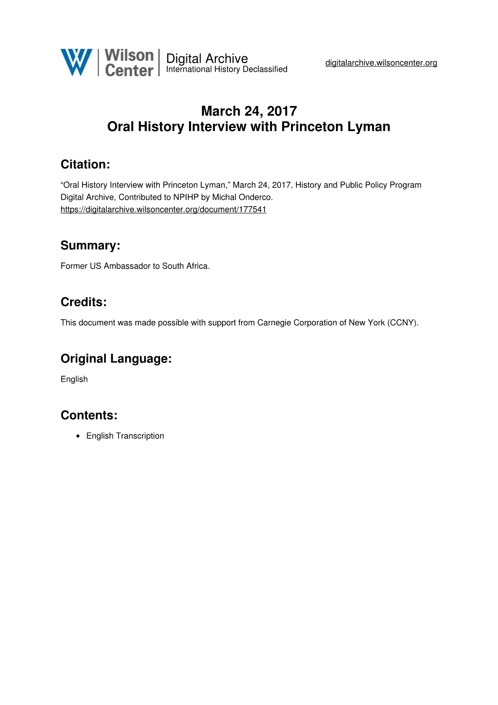 March 24, 2017 Oral History Interview with Princeton Lyman