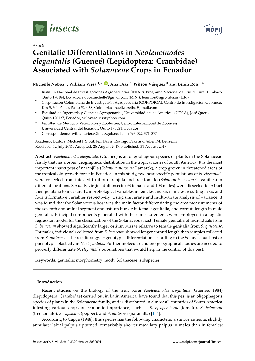 Genitalic Differentiations in Neoleucinodes Elegantalis (Gueneé) (Lepidoptera: Crambidae) Associated with Solanaceae Crops in Ecuador