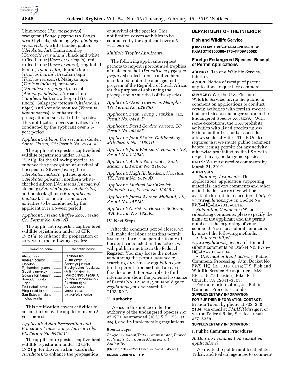 Federal Register/Vol. 84, No. 33/Tuesday, February 19, 2019/Notices