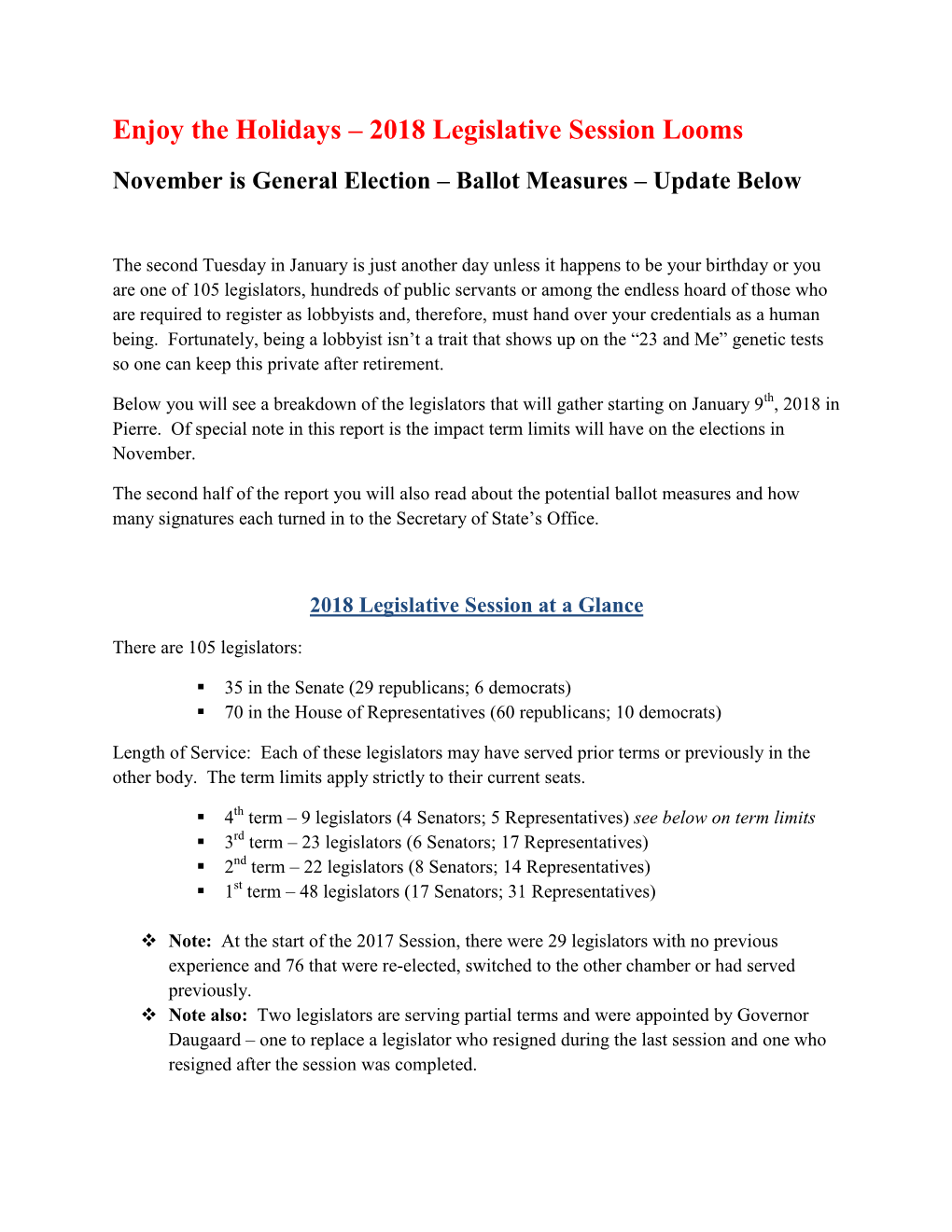 2018 Legislative Session Looms November Is General Election – Ballot Measures – Update Below