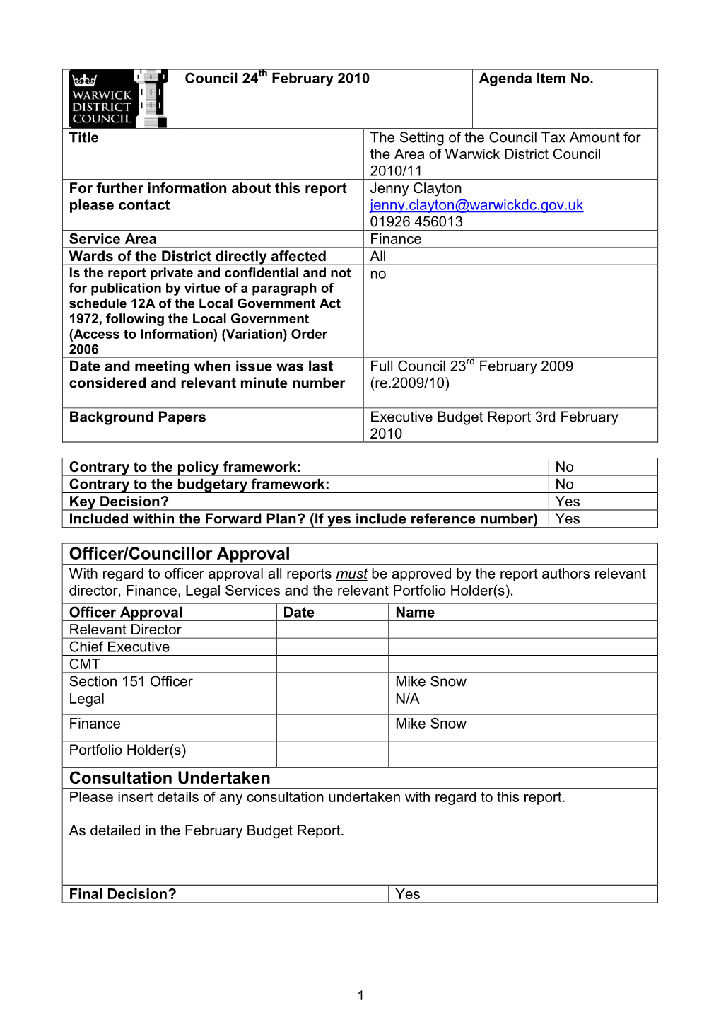 Setting of the Council Tax 2010/11