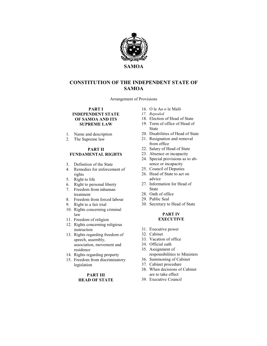 Samoa Constitution of the Independent State Of