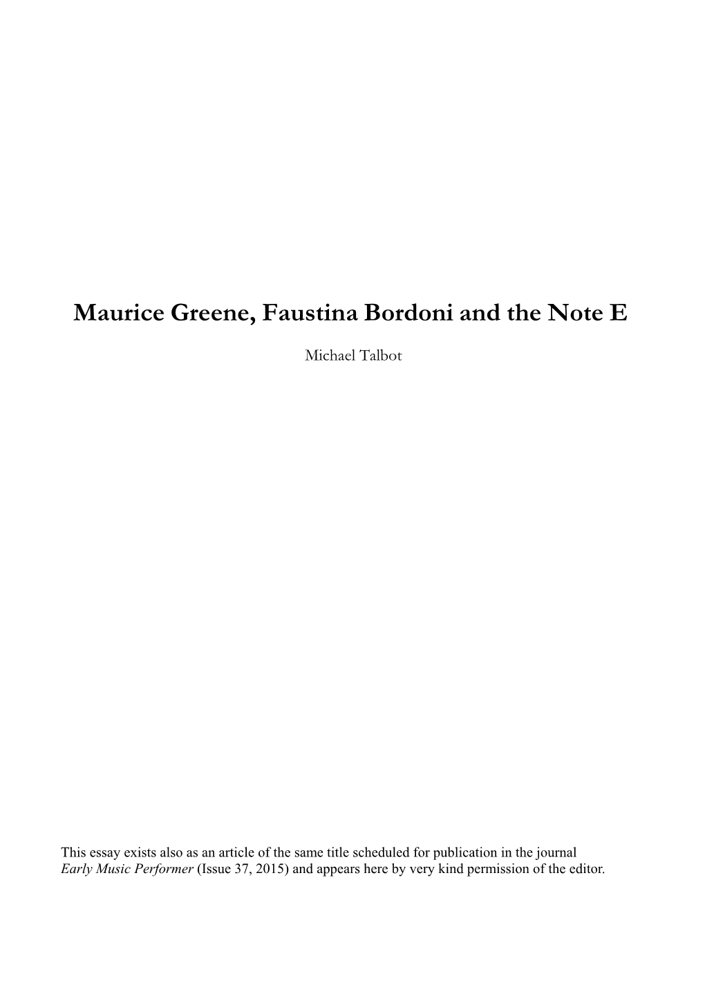 Maurice Greene, Faustina Bordoni and the Note E