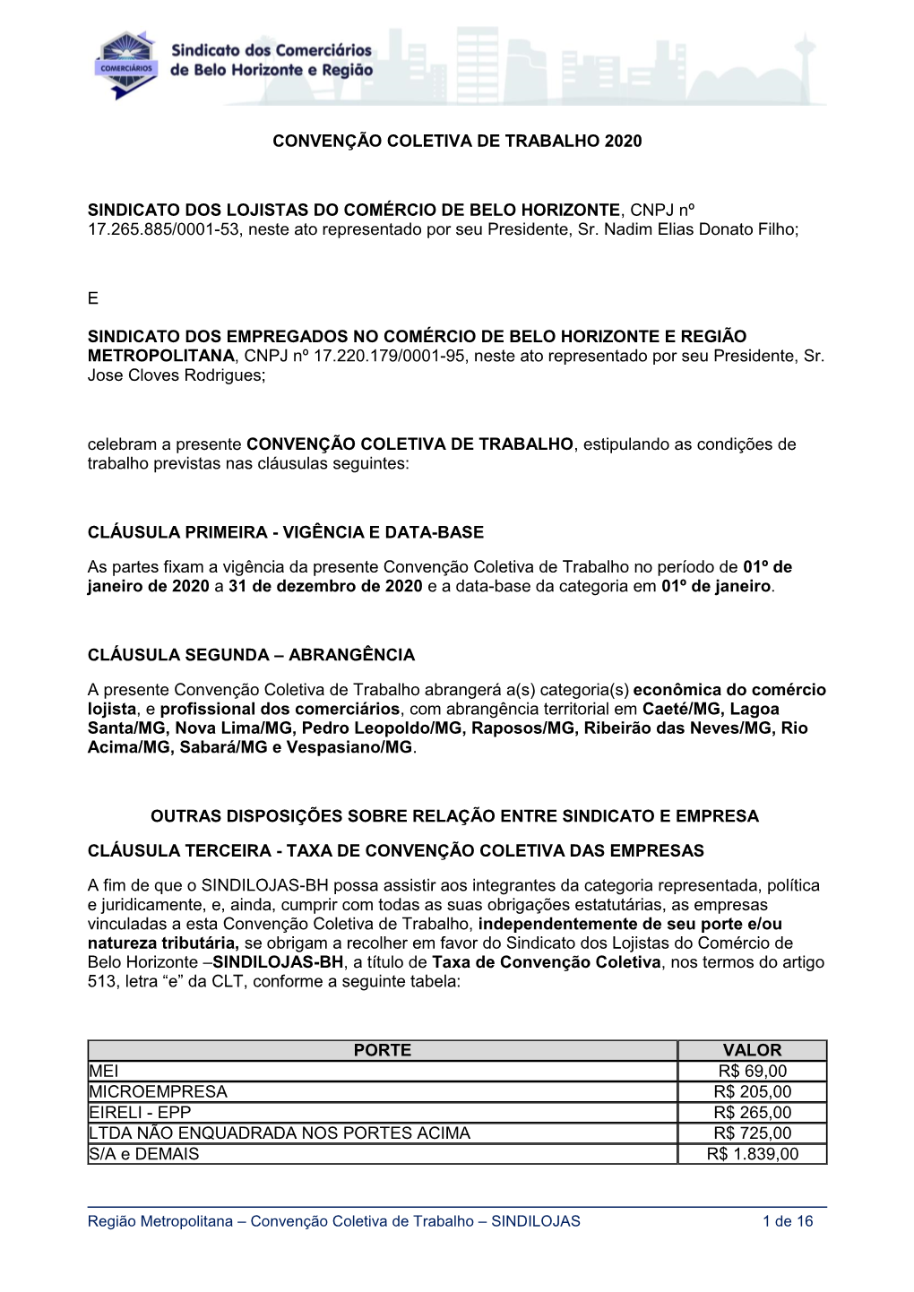 Convenção Coletiva De Trabalho 2020 – Região Metropolitana 2020