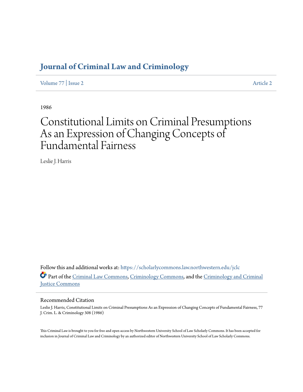 Constitutional Limits on Criminal Presumptions As an Expression of Changing Concepts of Fundamental Fairness Leslie J