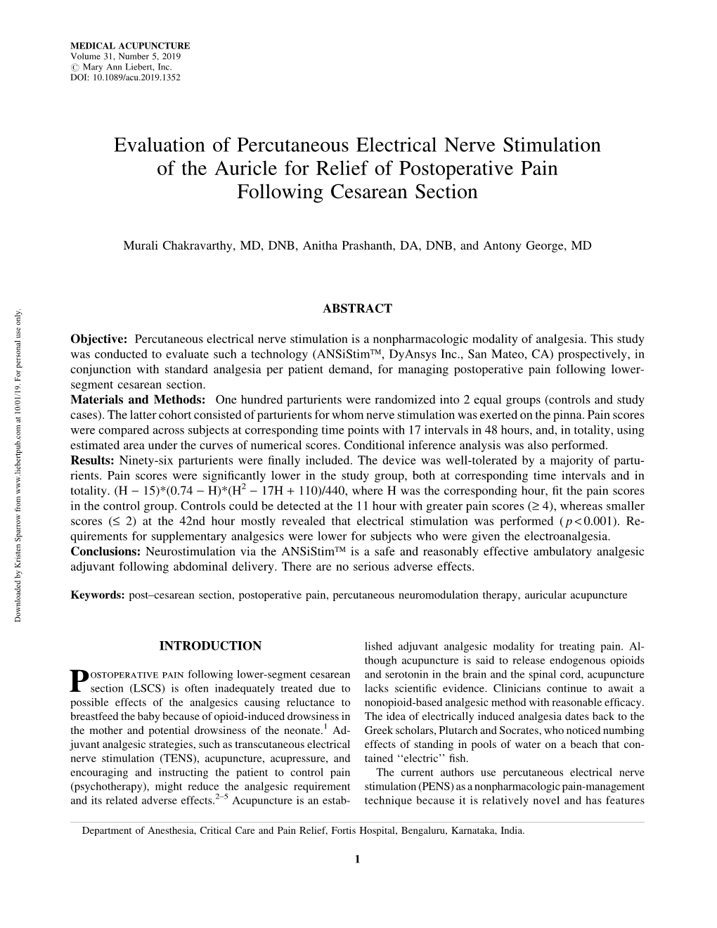 Evaluation of Percutaneous Electrical Nerve Stimulation of the Auricle for Relief of Postoperative Pain Following Cesarean Section