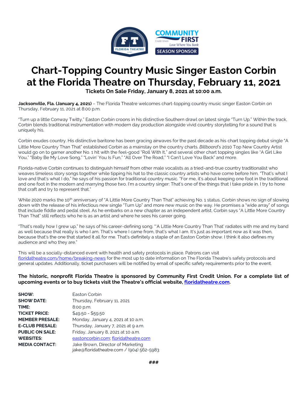 021121 Easton Corbin Press Release