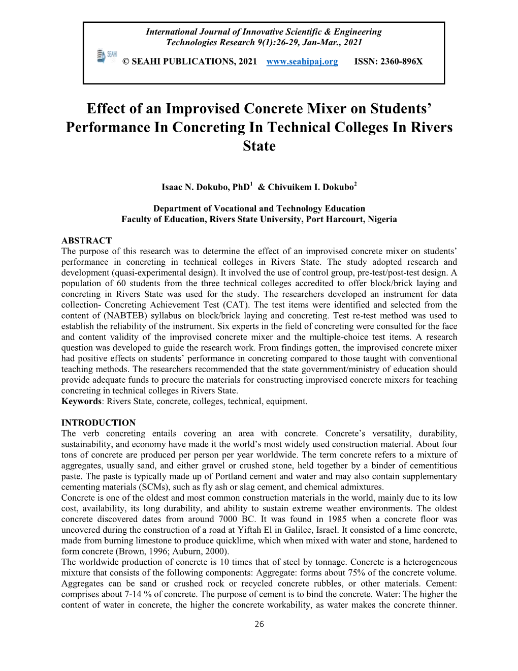 Effect of an Improvised Concrete Mixer on Students' Performance in Concreting in Technical Colleges in Rivers State
